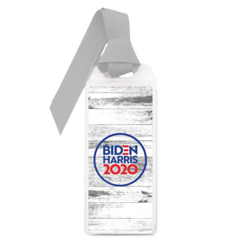 Personalized bookmark personalized with "Biden Harris 2020" round logo on wood grain design