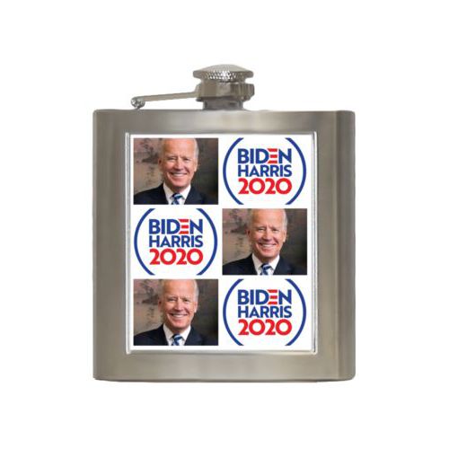 Durable steel flask personalized with "Biden Harris 2020" round logo and Biden photo tile design