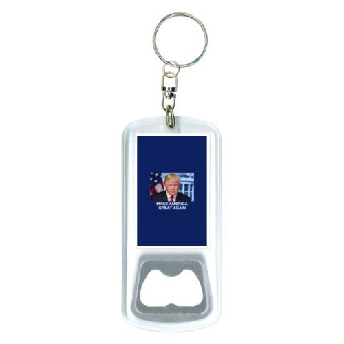 Durable bottle opener and steel key ring personalized with Trump photo with "Make America Great Again" design