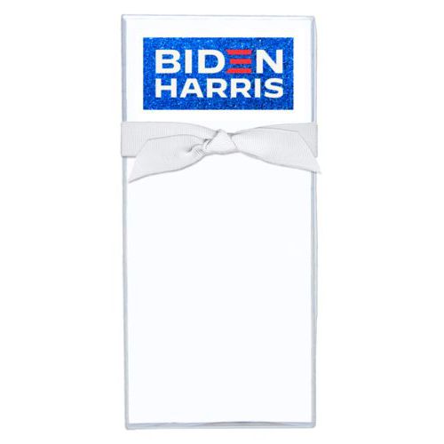 Note sheets personalized with "Biden Harris" logo on blue design