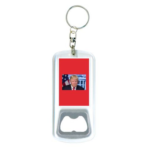 Durable bottle opener and steel key ring personalized with Trump photo design