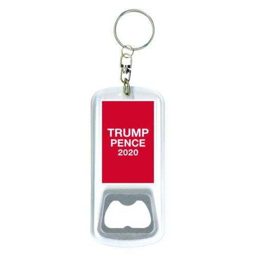 Durable bottle opener and steel key ring personalized with "Trump Pence 2020" on red design