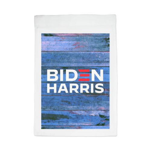 Personalized yard flag personalized with "Biden Harris" logo on blue wood design