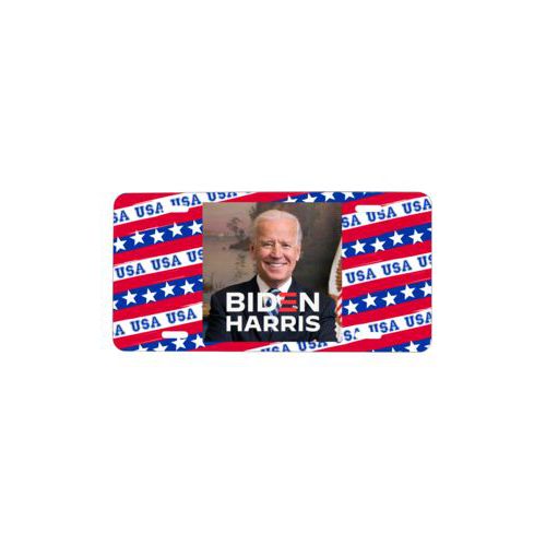 Personalized license plate personalized with Biden photo and "Biden Harris" logo on red white and blue design