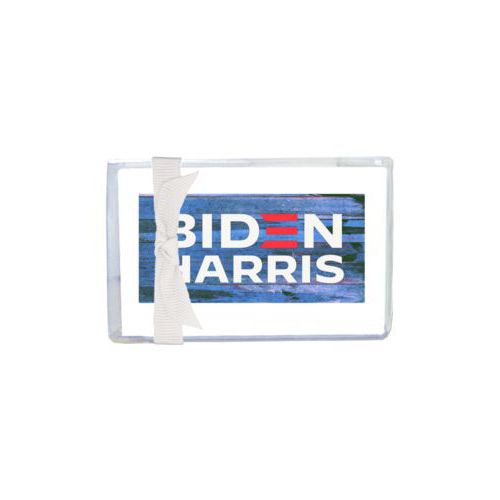 Enclosure cards personalized with "Biden Harris" logo on blue wood design