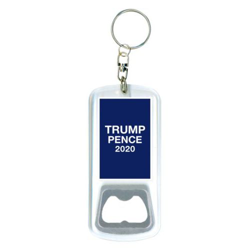Bottle opener with key ring personalized with "Trump Pence 2020" on blue design