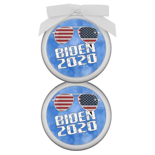 Personalized ornament personalized with "Biden 2020" sunglasses on blue cloud design