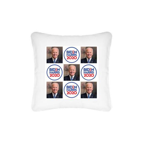 Custom pillow personalized with "Biden Harris 2020" round logo and Biden photo tile design