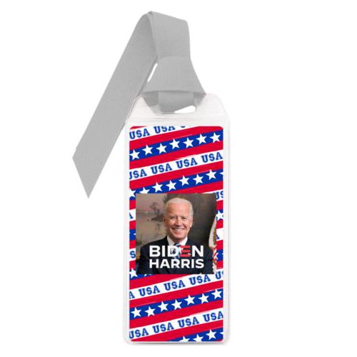 Personalized bookmark personalized with Biden photo and "Biden Harris" logo on red white and blue design