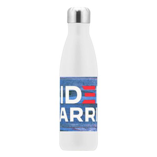 17oz insulated steel bottle personalized with "Biden Harris" logo on blue wood design
