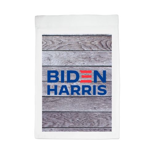 Personalized yard flag personalized with "Biden Harris" logo on wood grain design