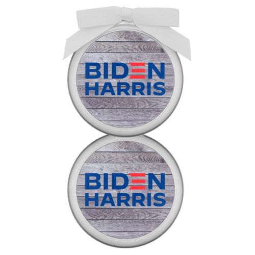 Personalized ornament personalized with "Biden Harris" logo on wood grain design