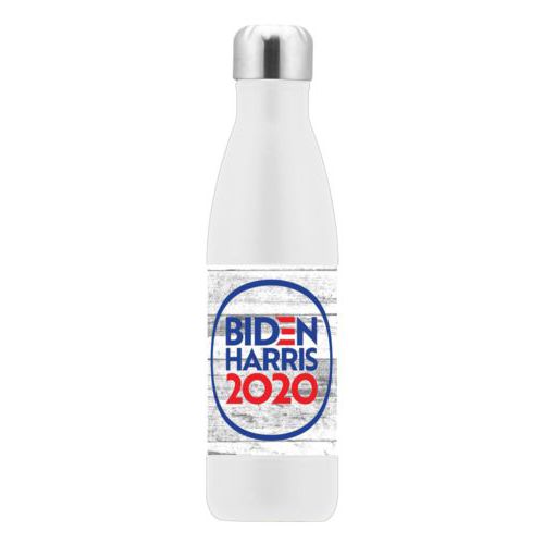 17oz insulated steel bottle personalized with "Biden Harris 2020" round logo on wood grain design