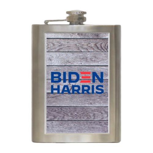 8oz steel flask personalized with "Biden Harris" logo on wood grain design