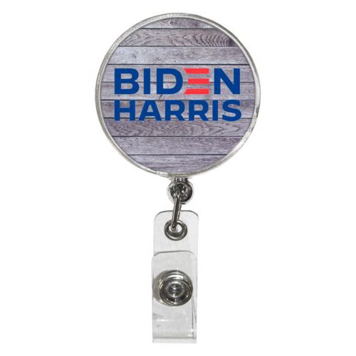 Personalized badge reel personalized with "Biden Harris" logo on wood grain design