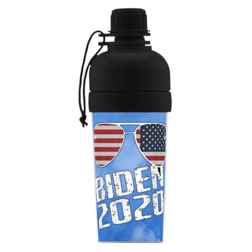Custom kids water bottle personalized with "Biden 2020" sunglasses on blue cloud design