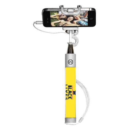 Personalized selfie stick personalized with "Black Lives Matter" and fist black on yellow design