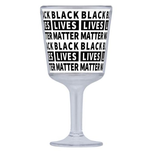 Plastic wine glass personalized with "Black Lives Matter" black on white tiled design