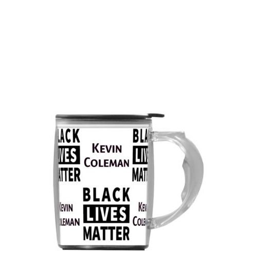 Personalized handle mug personalized with "Black Lives Matter" and a name black on white tiled design