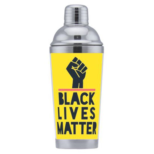 Personalized coctail shaker personalized with "Black Lives Matter" and fist black on yellow design