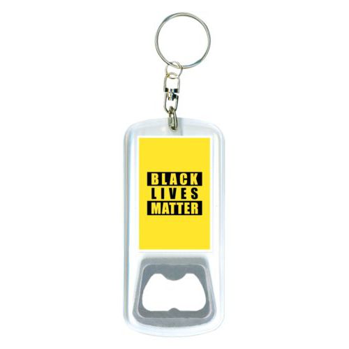 Bottle opener with key ring personalized with "Black Lives Matter" black on yellow design
