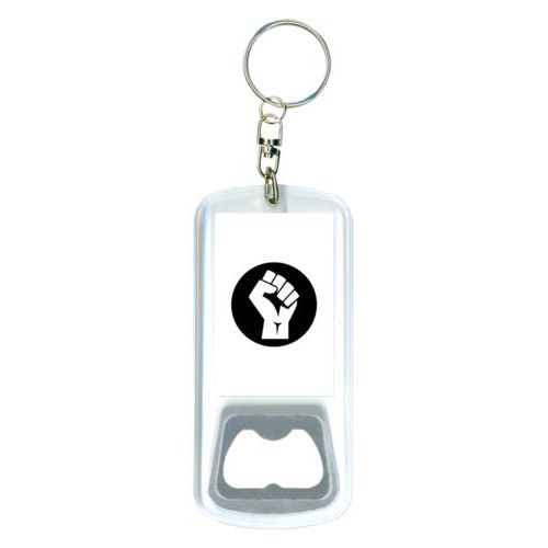 Durable bottle opener and steel key ring personalized with Black Lives Matter fist logo design