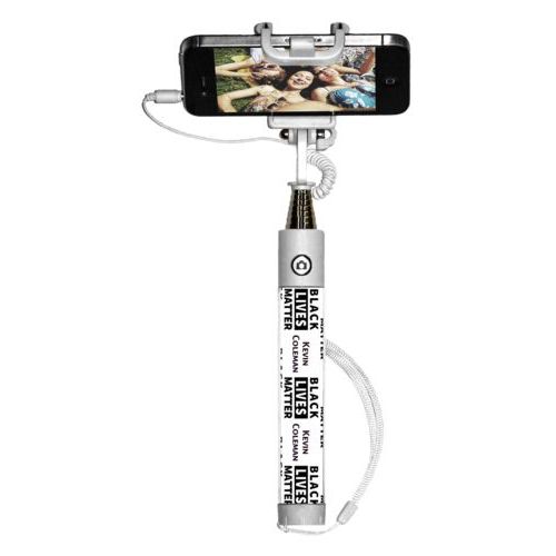Personalized selfie stick personalized with "Black Lives Matter" and a name black on white tiled design
