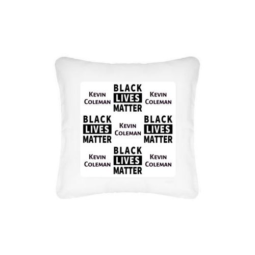 Custom pillow personalized with "Black Lives Matter" and a name black on white tiled design