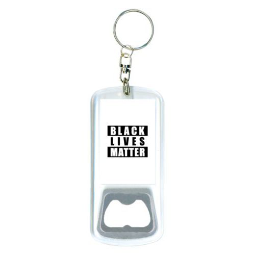 Durable bottle opener and steel key ring personalized with "Black Lives Matter" black on white design