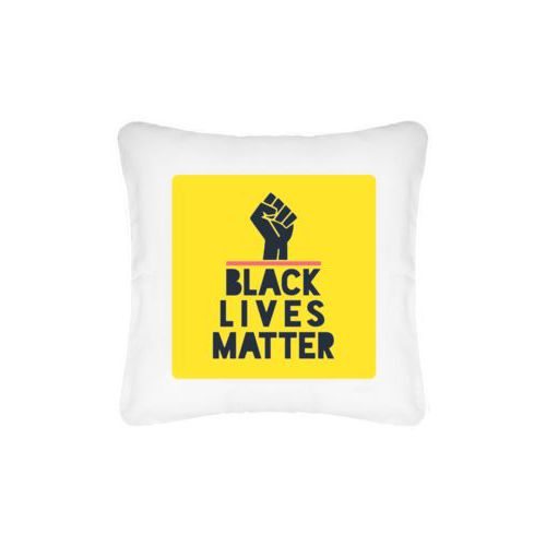 Custom pillow personalized with "Black Lives Matter" and fist black on yellow design
