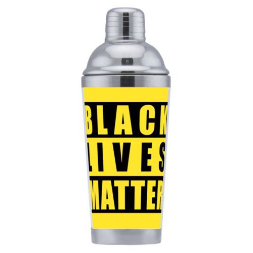 Custom coctail shaker personalized with "Black Lives Matter" black on yellow design