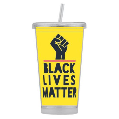 Tumbler personalized with "Black Lives Matter" and fist black on yellow design