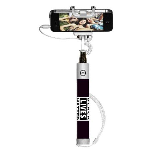 Selfie stick personalized with "Black Lives Matter" white on black design