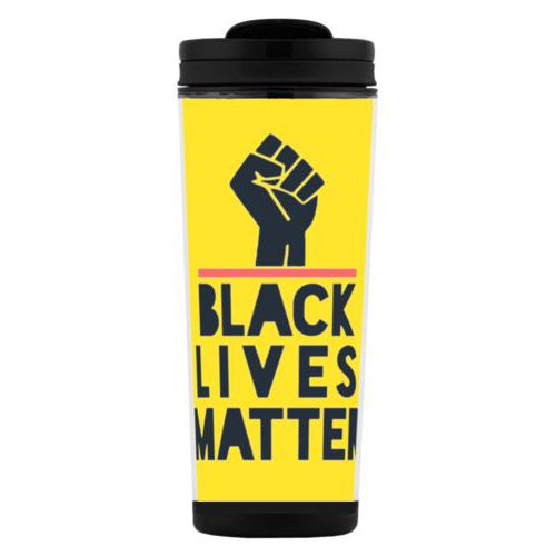 Tall mug personalized with "Black Lives Matter" and fist black on yellow design