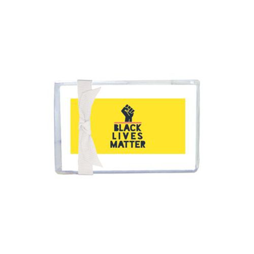 Enclosure cards personalized with "Black Lives Matter" and fist black on yellow design