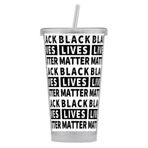 Tumbler personalized with "Black Lives Matter" black on white tiled design
