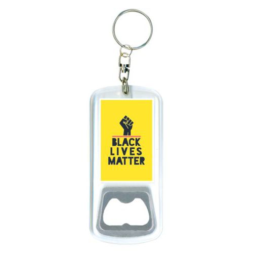 Bottle opener with key ring personalized with "Black Lives Matter" and fist black on yellow design