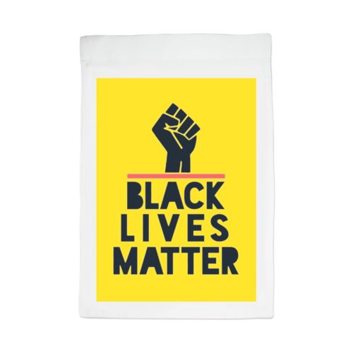 Custom yard flag personalized with "Black Lives Matter" and fist black on yellow design