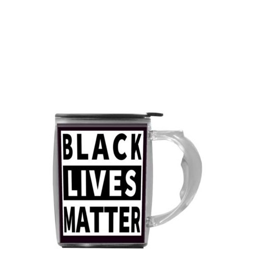 Custom mug with handle personalized with "Black Lives Matter" white on black design