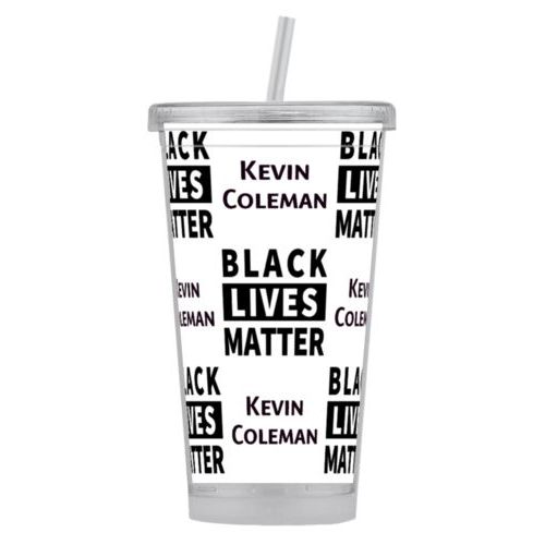 Tumbler personalized with "Black Lives Matter" and a name black on white tiled design