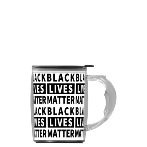 Custom mug with handle personalized with "Black Lives Matter" black on white tiled design