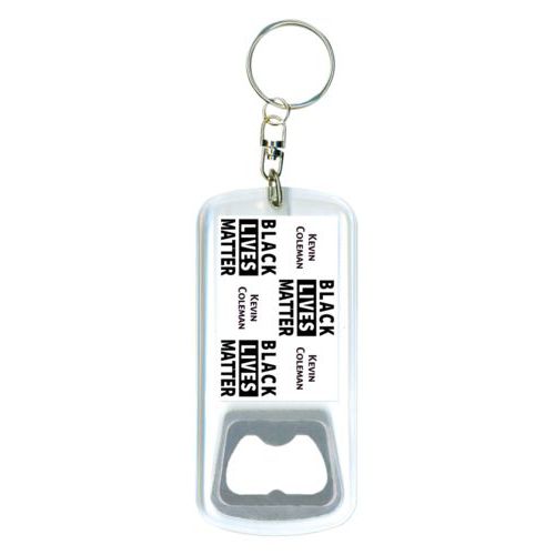 Durable bottle opener and steel key ring personalized with "Black Lives Matter" and a name black on white tiled design