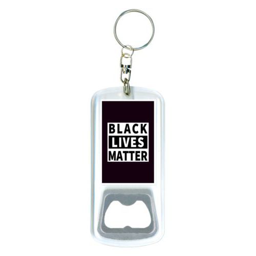 Durable bottle opener and steel key ring personalized with "Black Lives Matter" white on black design