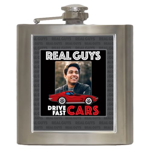 Personalized with "Real Guys drive fast cars" and a photo