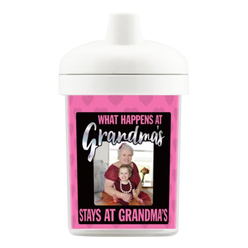Personalized with "What happens at grandma's stays at grandma's" and a photo