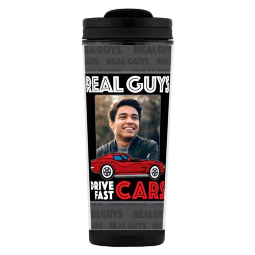 Personalized with "Real Guys drive fast cars" and a photo