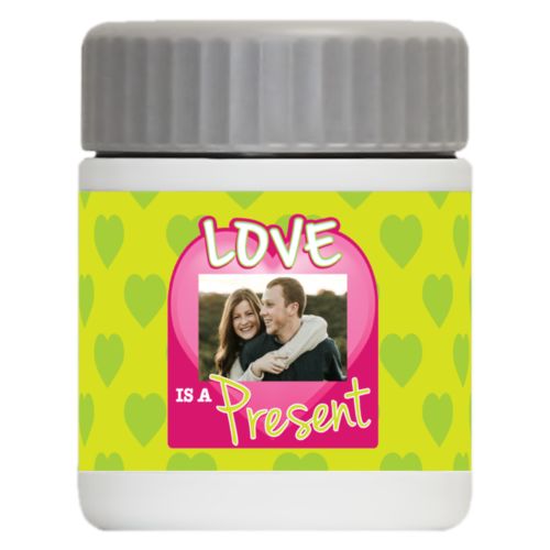 Personalized with "Love is a present" and a photo