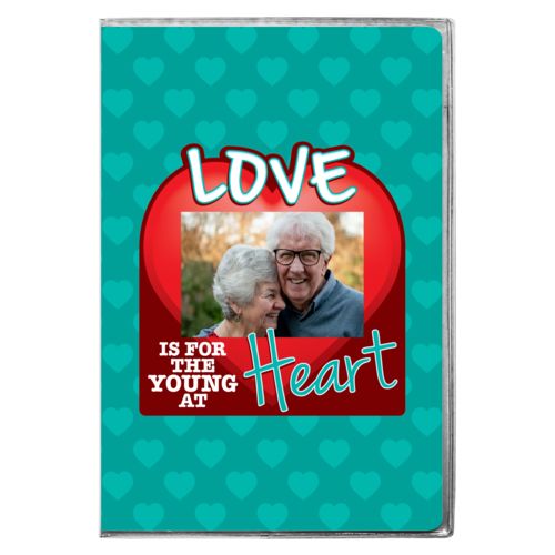 Personalized with "Love is for the young at heart" and a photo